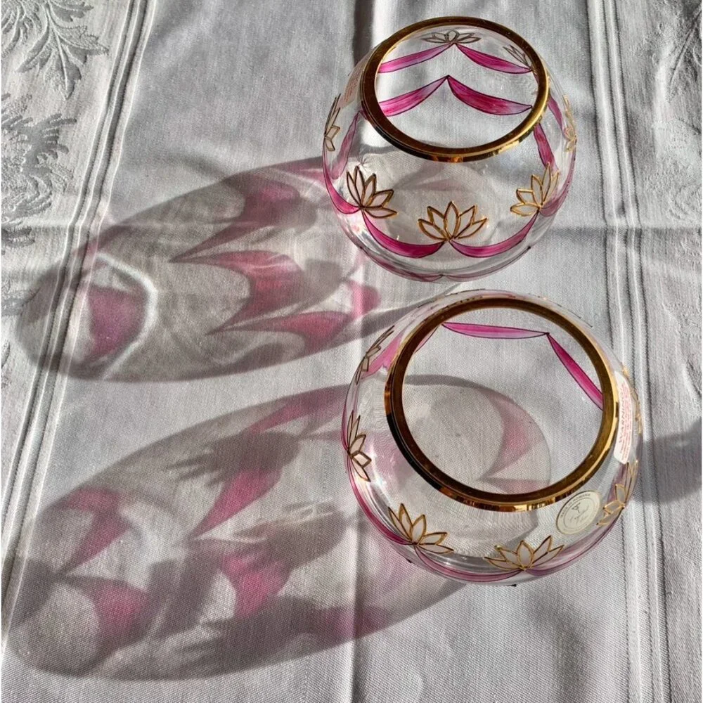 Handcrafted Romanian Crystal Bowl With Gold & Pink Lotus Design Elegant Vase Or